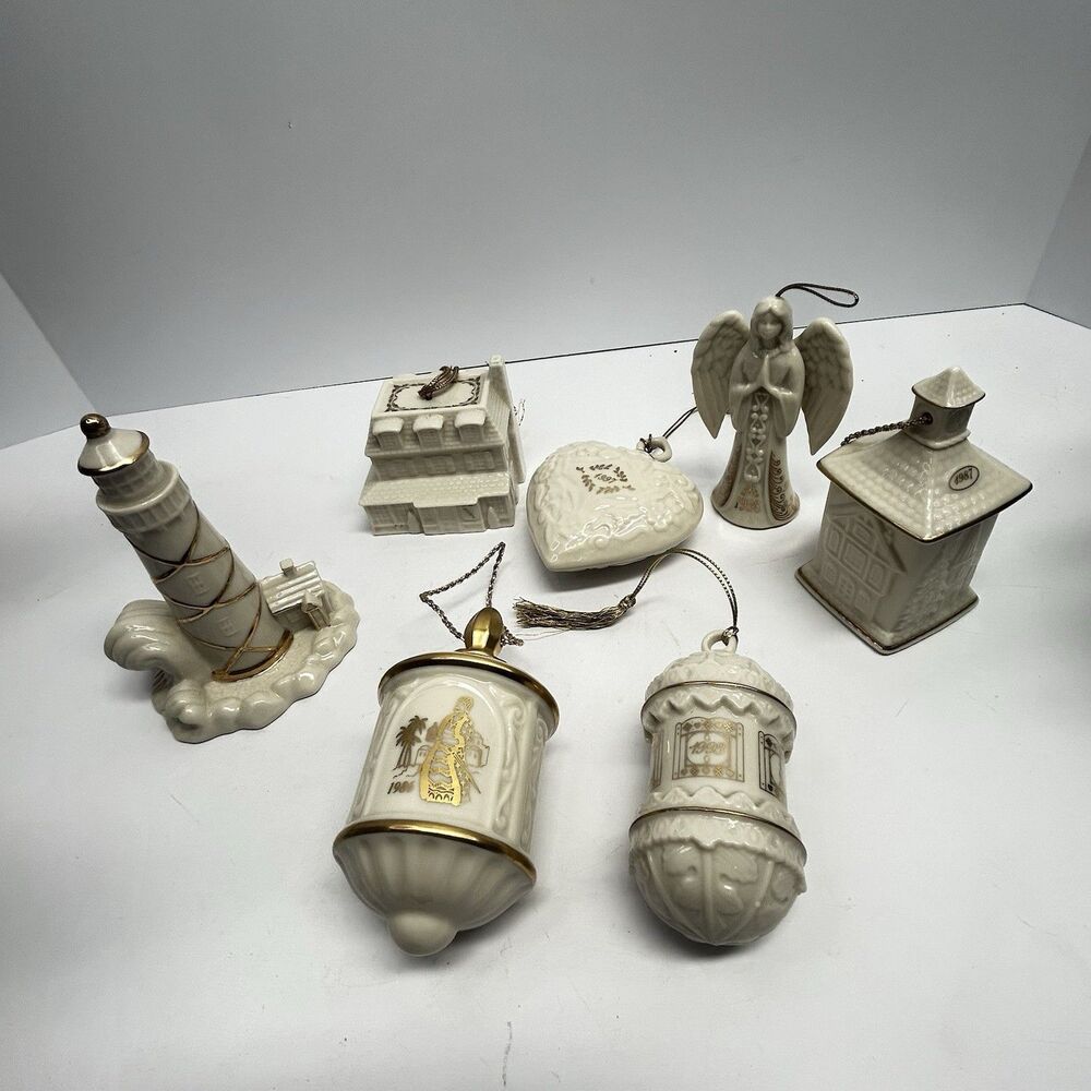 Vintage Lenox Fine China Christmas Ornament Lot 7 Pc Angel Lighthouse Village
